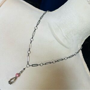 Handcrafted rutilated quartz rhodonite elbaite pendant on paper clip chain